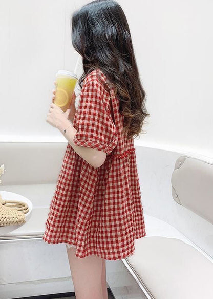 Red O Neck Plaid Wrinkled Patchwork Cotton Shirt Top Summer