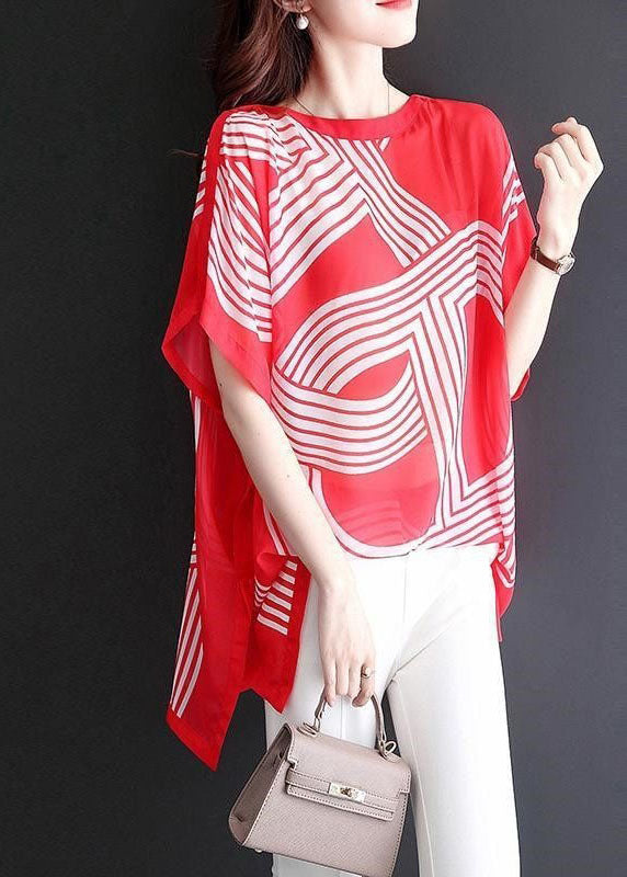 Red O Neck Print Patchwork Chiffon Tops Batwing Sleeve
