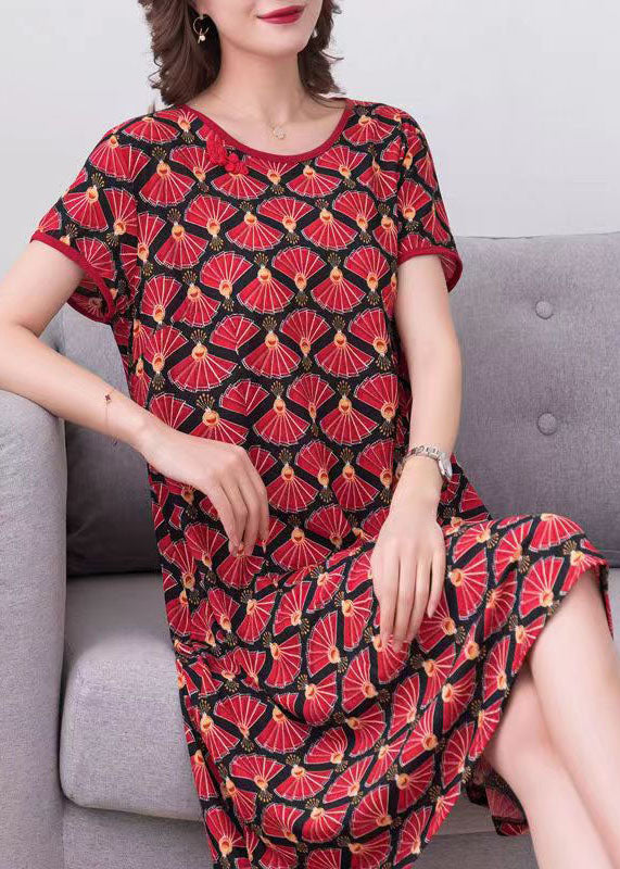 Red O Neck Print Patchwork Cotton Dress Summer
