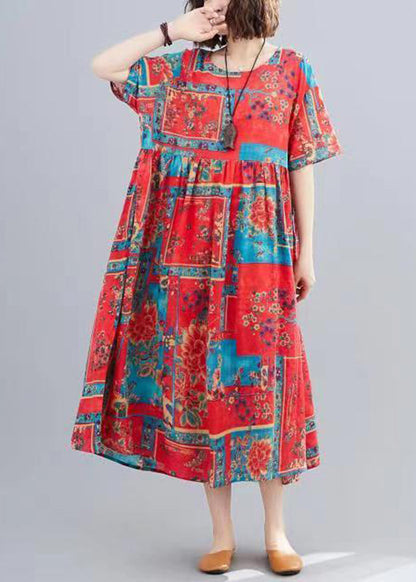 Red O-neck Print Patchwork Long Dresses Short Sleeve