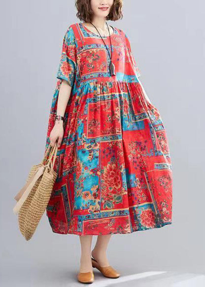 Red O-neck Print Patchwork Long Dresses Short Sleeve