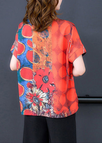 Red O-neck Print Side Open Silk Top Summer
