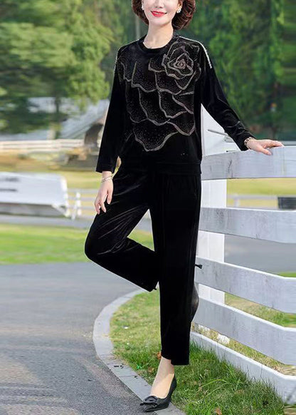 Red O-neck Print Silk Velour Top and Crop Pants Two Piece Set Long Sleeve