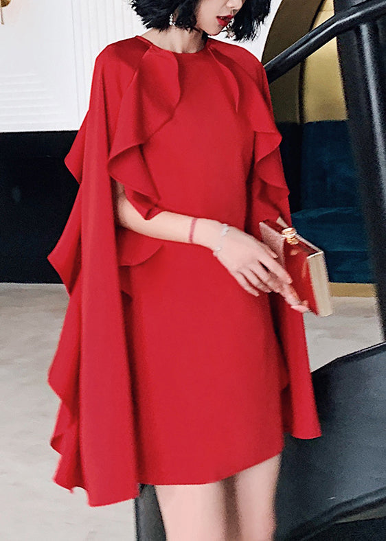 Red O-neck Ruffled Patchwork Cotton Mid Dresses Summer