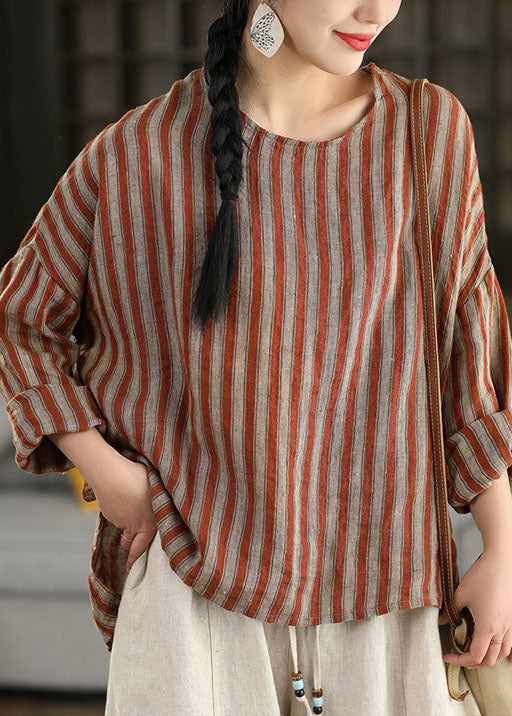 Women Red O Neck Striped Loose Linen Top Long Sleeve