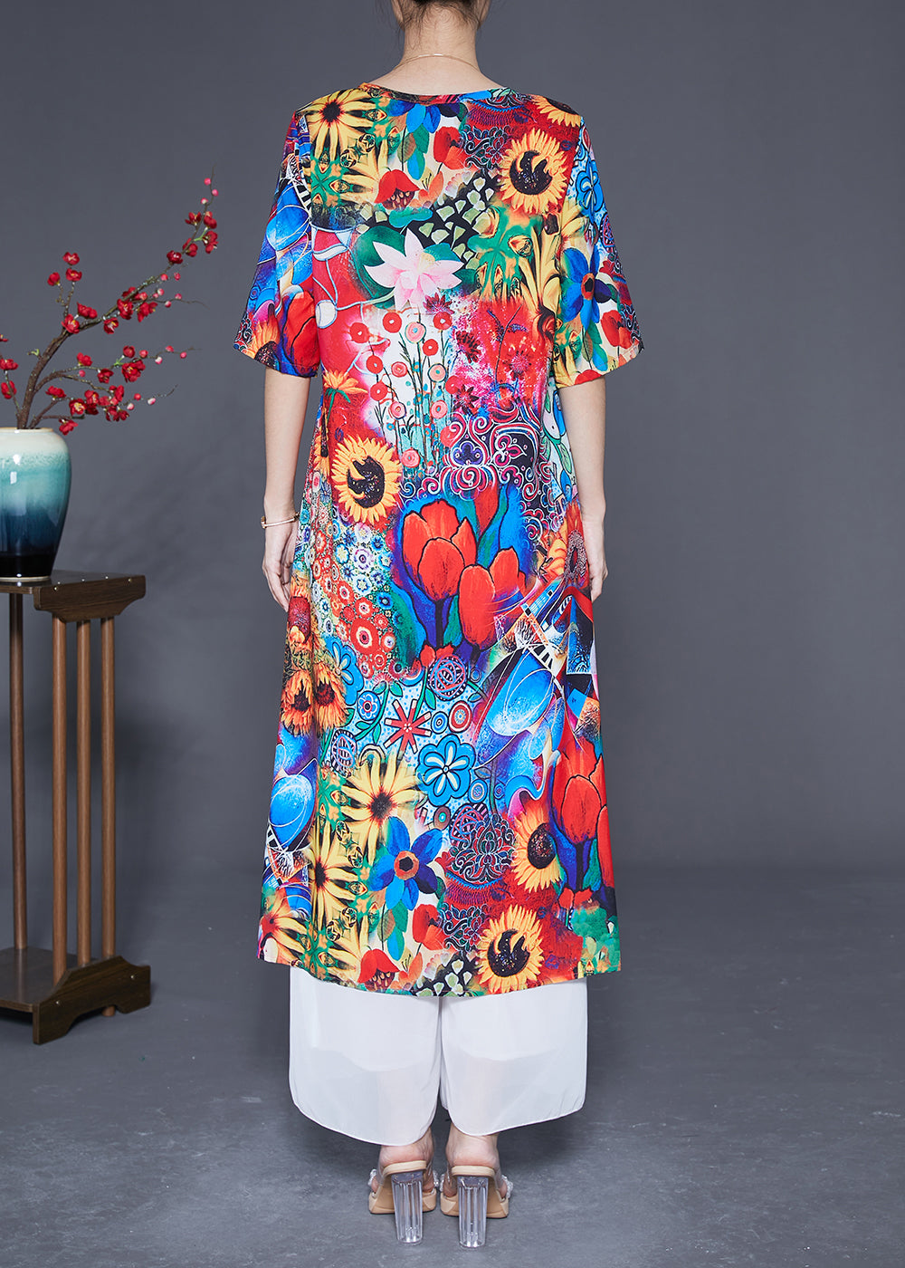 Red O-neck Sunflower Print Silk Dress Summer