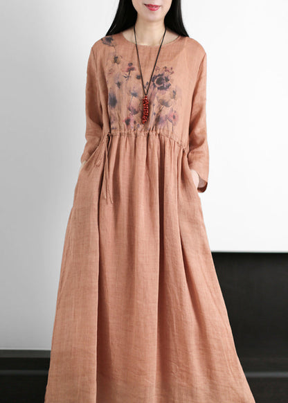 Red O-neck Drawstring Print Linen Dresses Long Sleeve
