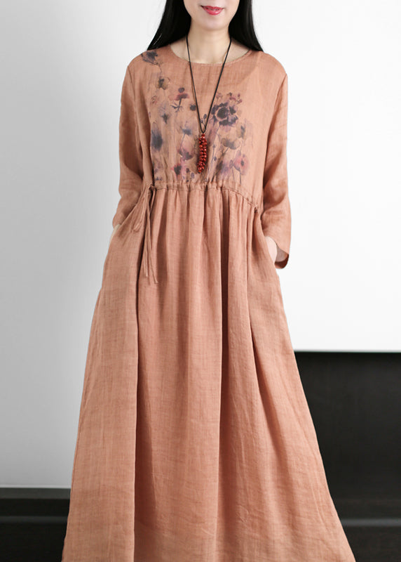Red O-neck Drawstring Print Linen Dresses Long Sleeve