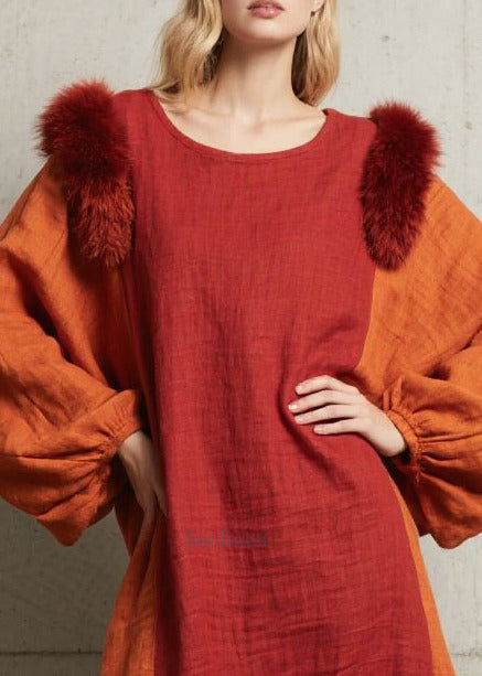 Red Oversized Patchwork Faux Fur Maxi Dress Fall