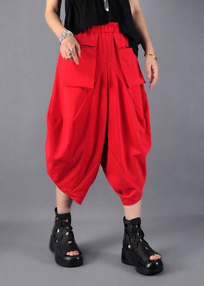 Red Oversized Pockets Cotton Harem Pants Spring