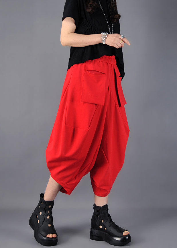 Red Oversized Pockets Cotton Harem Pants Spring