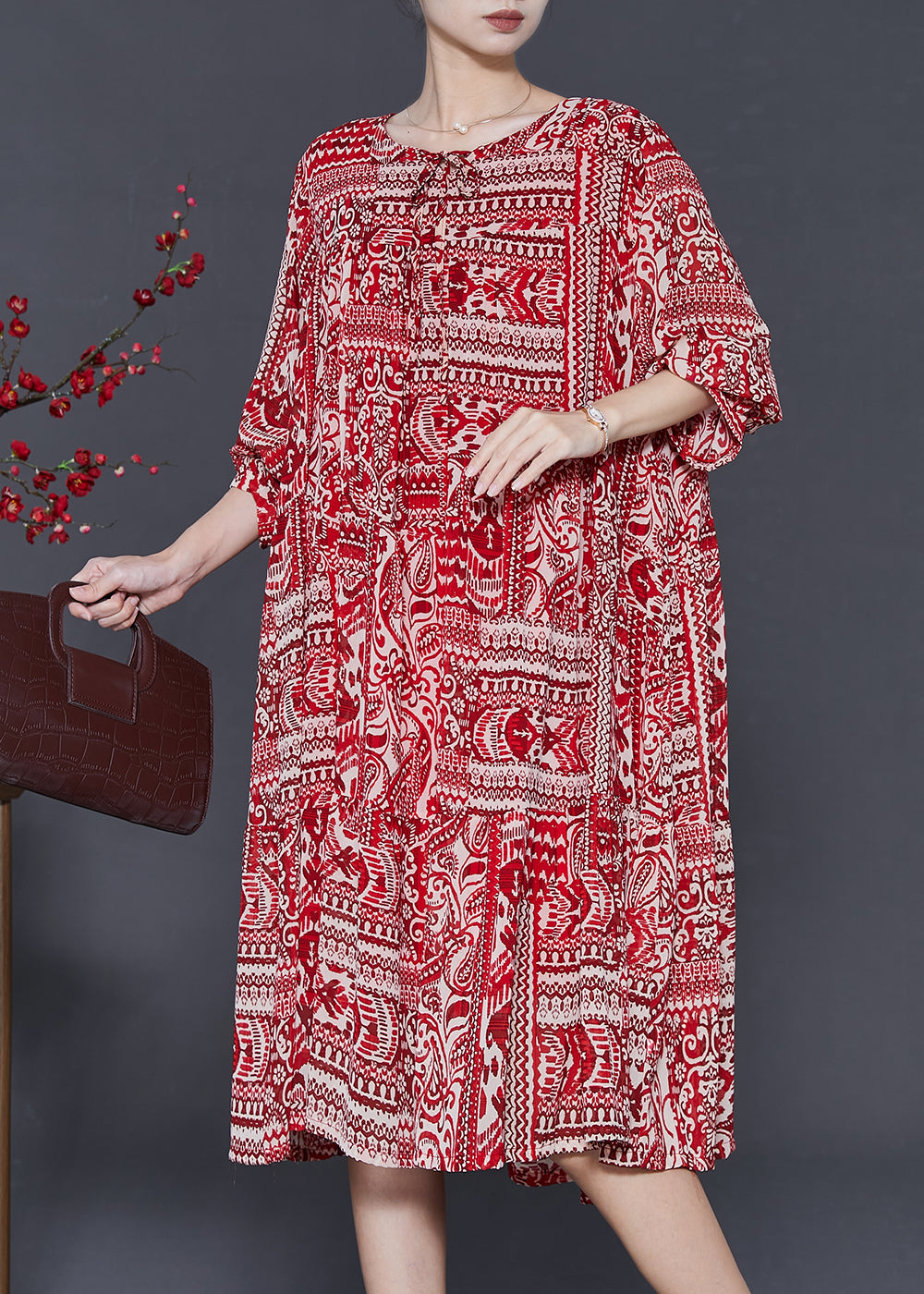 Red Oversized Print Chiffon Robe Dresses Spring