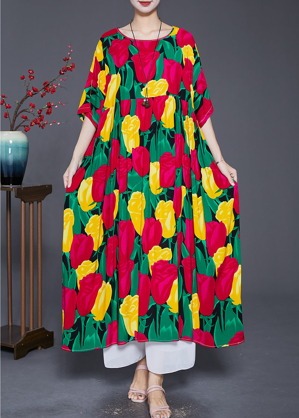 Red Oversized Print Cotton Long Dresses Summer