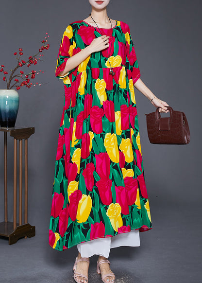 Red Oversized Print Cotton Long Dresses Summer