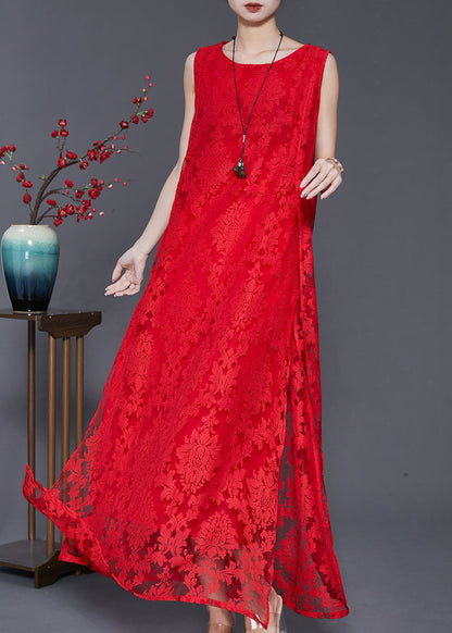 Red Oversized Side Open Lace a Line Dresses Sleeveless
