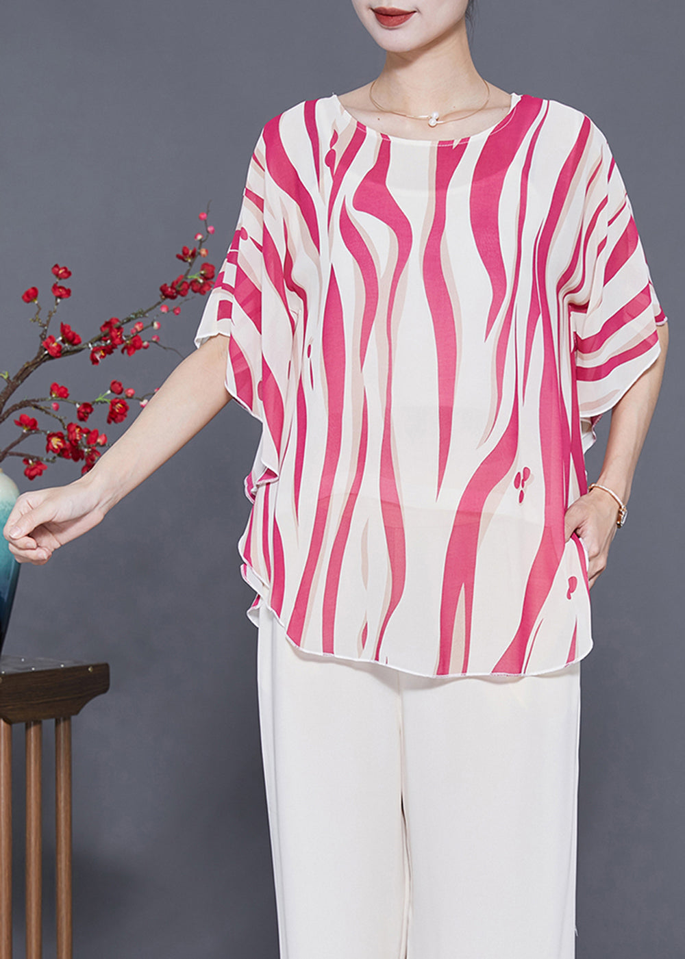 Red Oversized Striped Silk Tank Tops Summer
