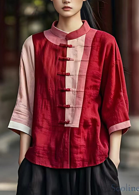 Red Patchwork Button Shirt Bracelet Sleeve