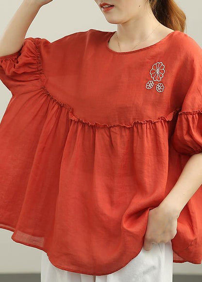 Red Patchwork Ruffled Cotton Summer Blouse Top