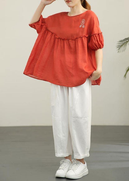 Red Patchwork Ruffled Cotton Summer Blouse Top