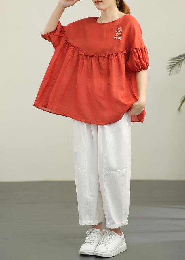Red Patchwork Ruffled Cotton Summer Blouse Top