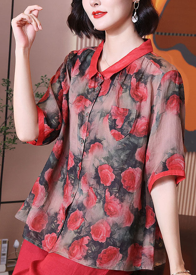 Red Peter Pan Collar Print Button Patchwork Linen Top Summer