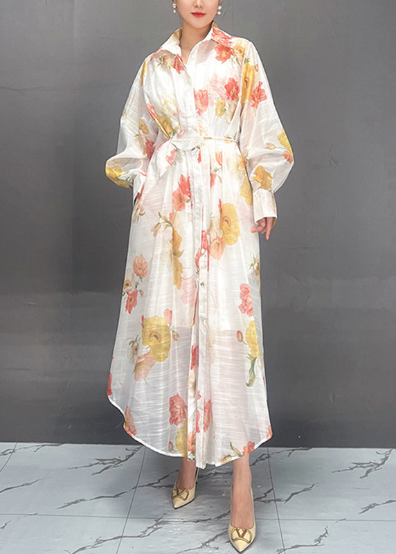 Red Peter Pan Collar Print Tie Waist Vacation Long Dresses Spring