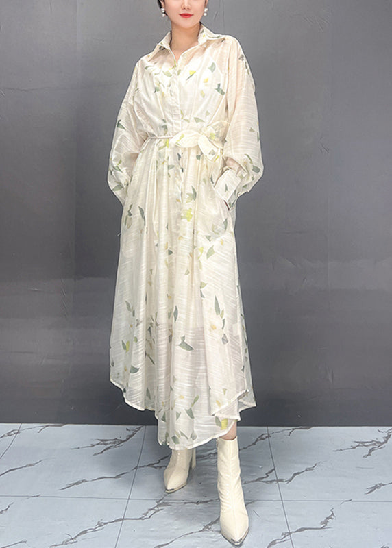 Red Peter Pan Collar Print Tie Waist Vacation Long Dresses Spring