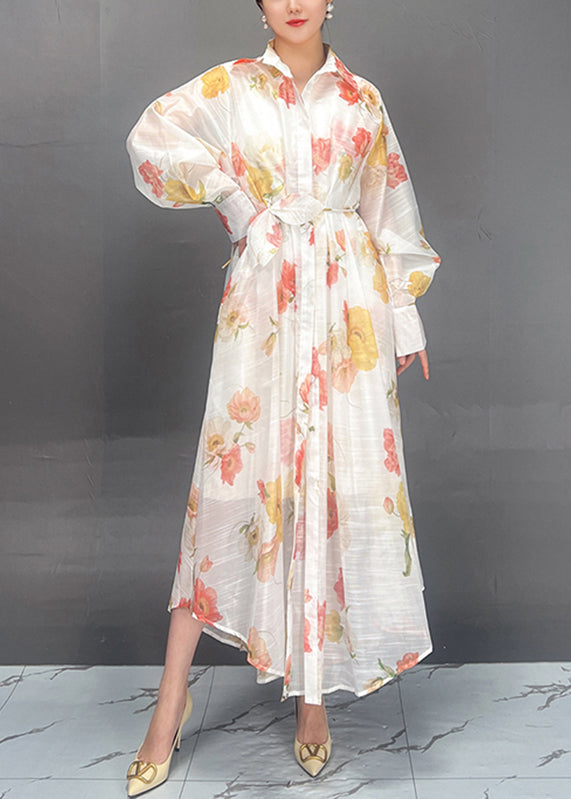 Red Peter Pan Collar Print Tie Waist Vacation Long Dresses Spring