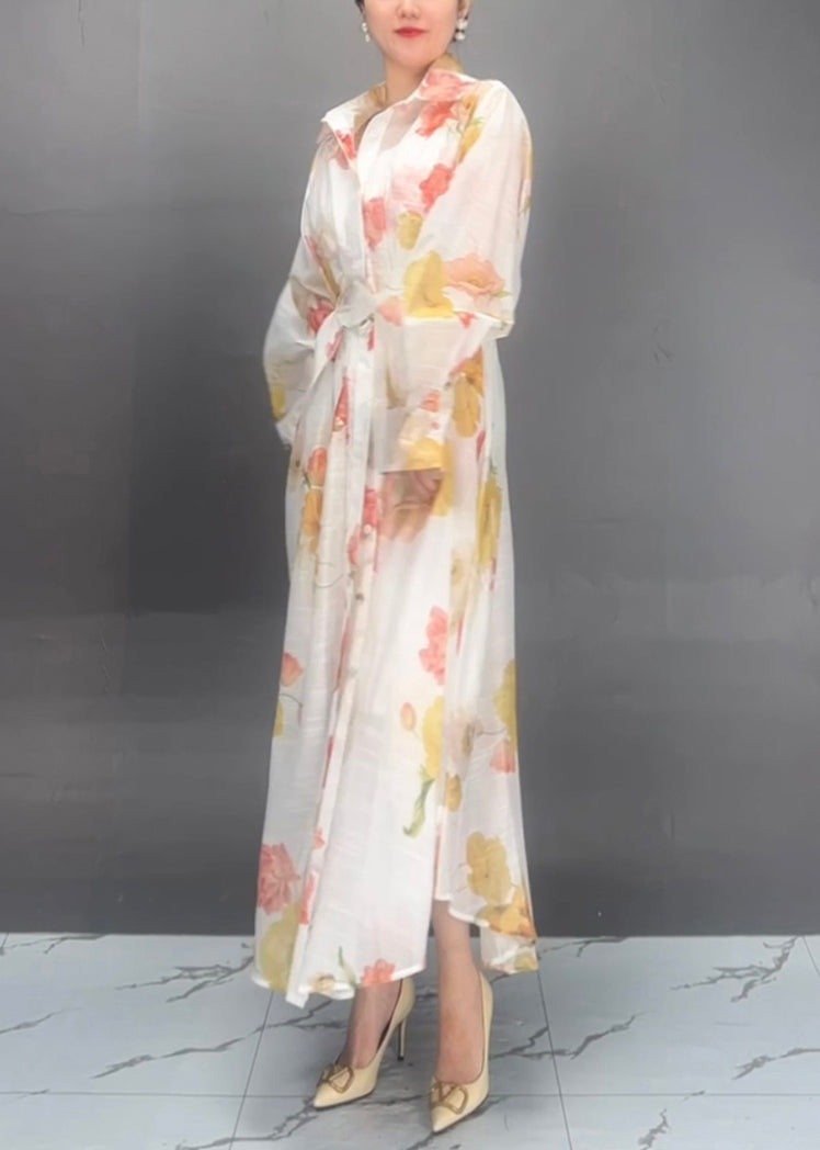 Red Peter Pan Collar Print Tie Waist Vacation Long Dresses Spring
