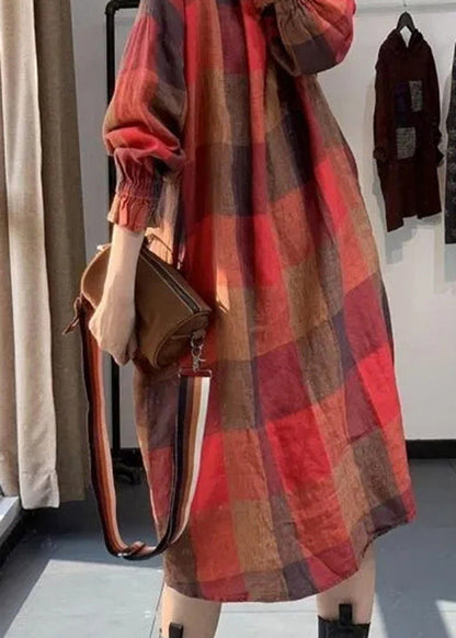 Red Plaid Patchwork Cotton Dresses Fall