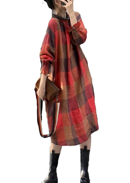 Red Plaid Patchwork Cotton Dresses Fall