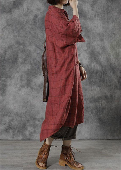 Red Plaid Pockets Patchwork Fall Three Quarter Sleeve Dresses