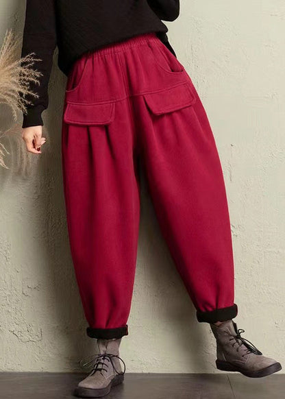 Red Pockets High Waist Cotton Pants Spring