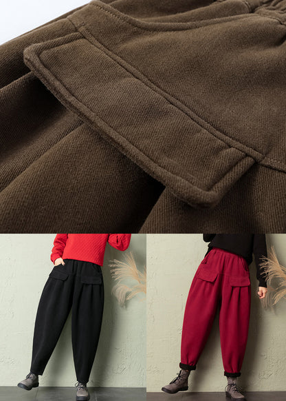 Red Pockets High Waist Cotton Pants Spring