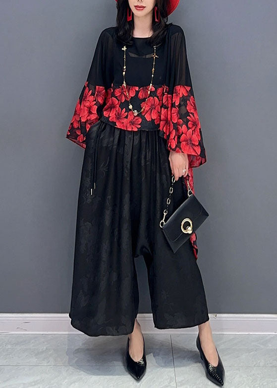 Red Print Asymmetrical Patchwork Chiffon Blouses Batwing Sleeve