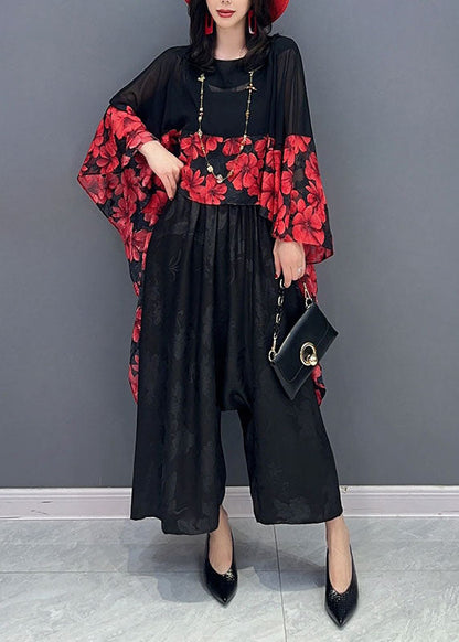 Red Print Asymmetrical Patchwork Chiffon Blouses Batwing Sleeve