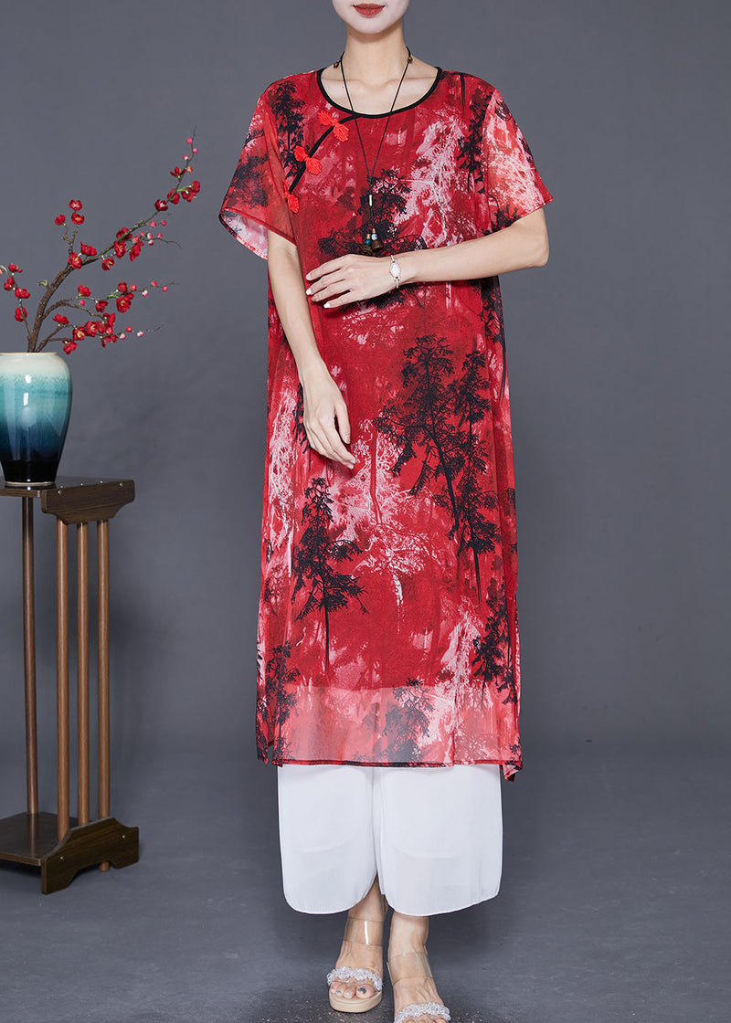 Red Print Chinesebutton Chiffon Vacation Dresses Summer