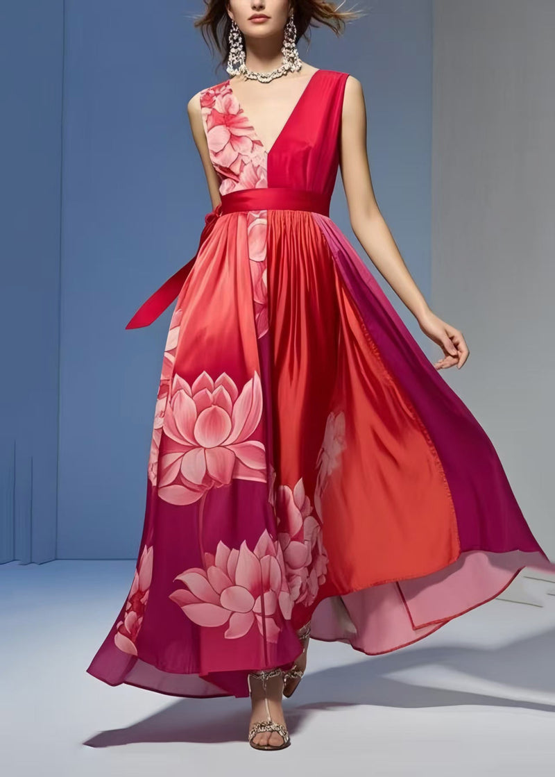 Red Print Exra Large Hem Silk Vacation Dresses Sleeveless