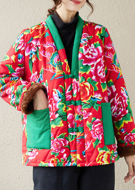 Red Print Pockets Patchwork Warm Fleece Parka Winter