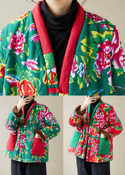 Red Print Pockets Patchwork Warm Fleece Parka Winter