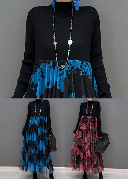 Red Print Stand Collar Patchwork Tulle Knit Long Dress Spring