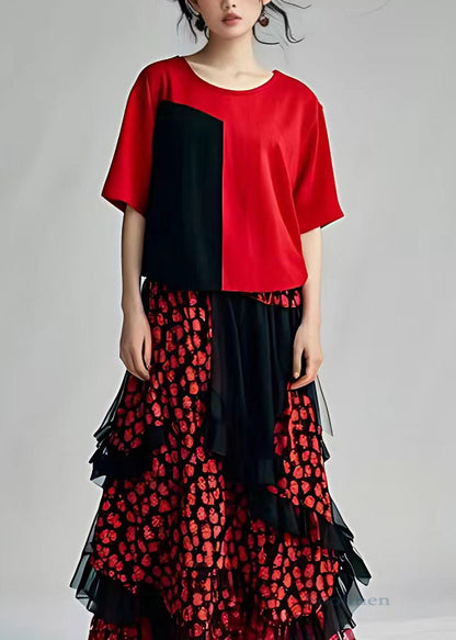 Red Print Tulle Holiday Tulle Long Dress Short Sleeve