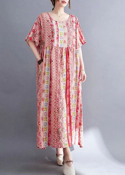 Red Print Wrinkled Long Dresses Short Sleeve
