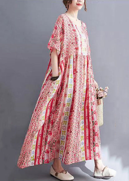 Red Print Wrinkled Long Dresses Short Sleeve