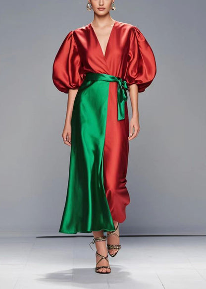 Red Puff Sleeve Patchwork Silk Robe Dresses