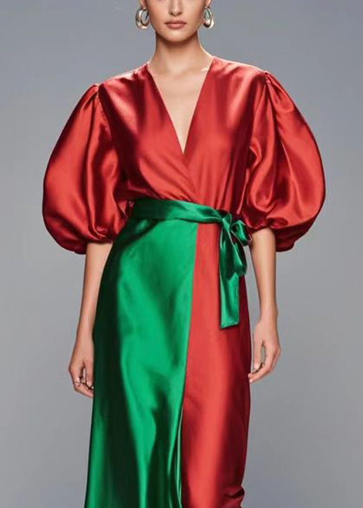 Red Puff Sleeve Patchwork Silk Robe Dresses