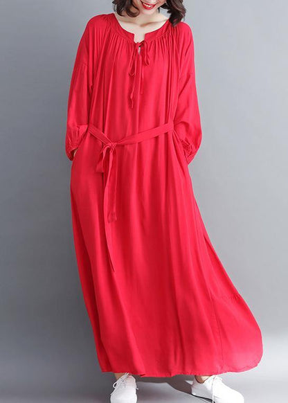 Red Quilting Dresses O Neck Large Hem Long Spring Dresses