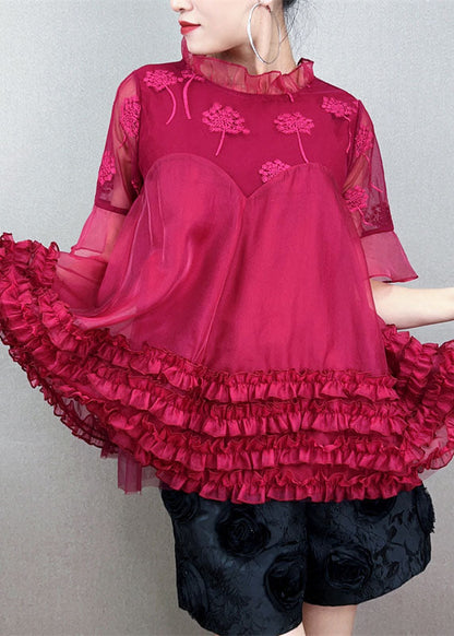 Red Ruffled Embroideried Patchwork Tulle Shirt Top Summer
