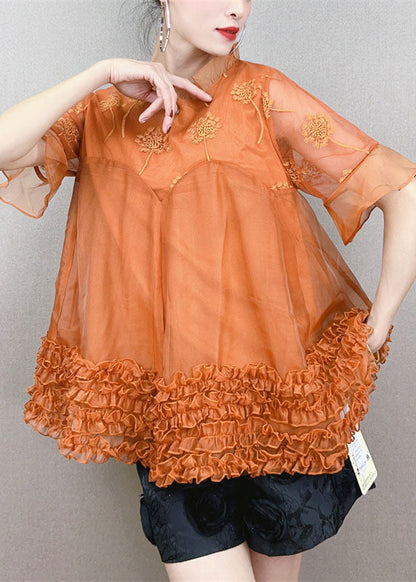 Red Ruffled Embroideried Patchwork Tulle Shirt Top Summer