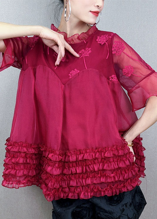 Red Ruffled Embroideried Patchwork Tulle Shirt Top Summer